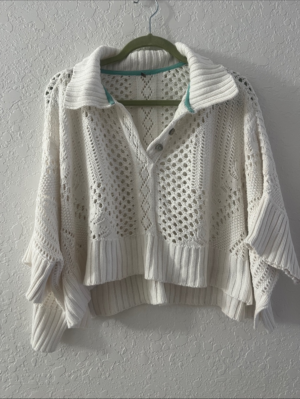 Cream Open-Knit Polo Sweater